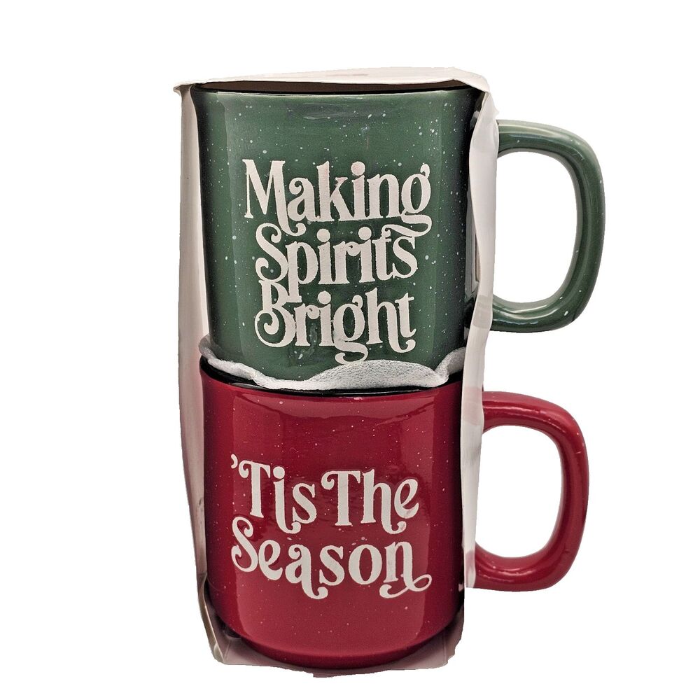 Christmas Mugs Making Spirits Bright & 'Tis The Season Stackable Earthenware NIB